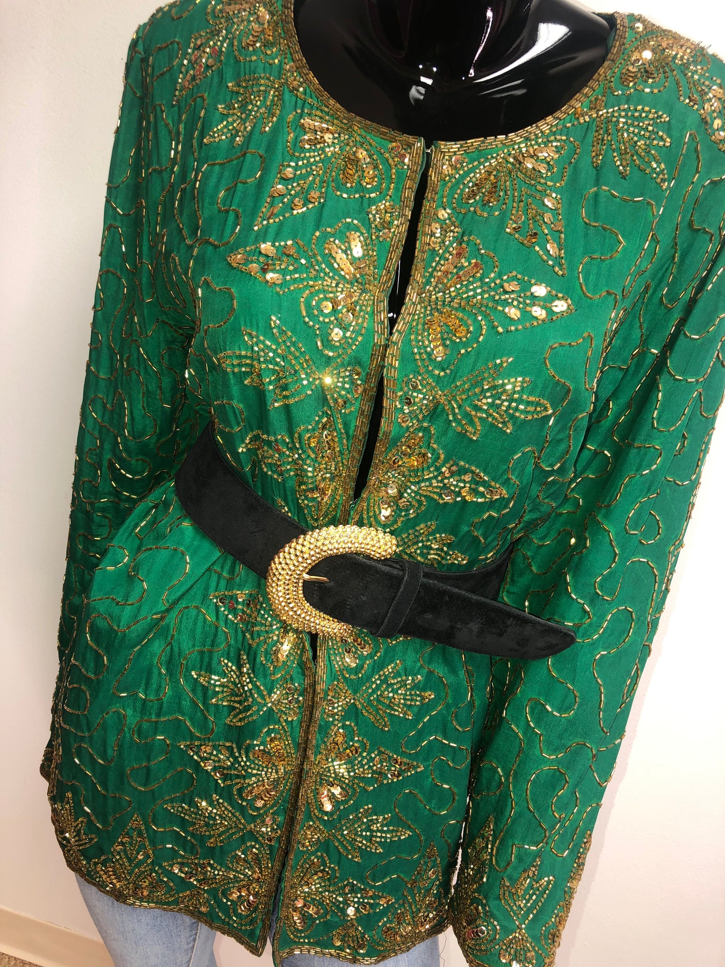 Vintage Emmy Green & Gold Sequin Jacket Size 2X